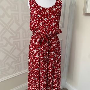 Talbots Red Floral Belted Midi Dress